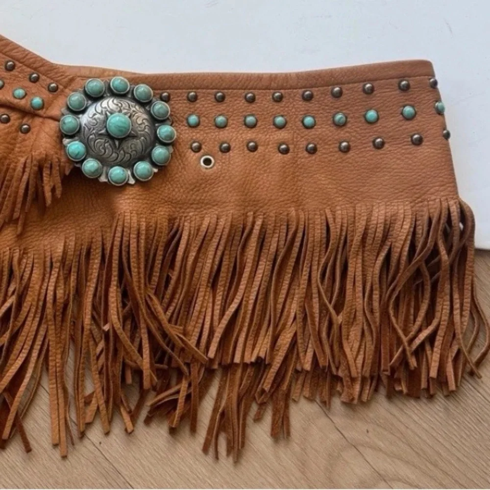 Tan Fringe Leather Waist Belt with Turquoise Accent